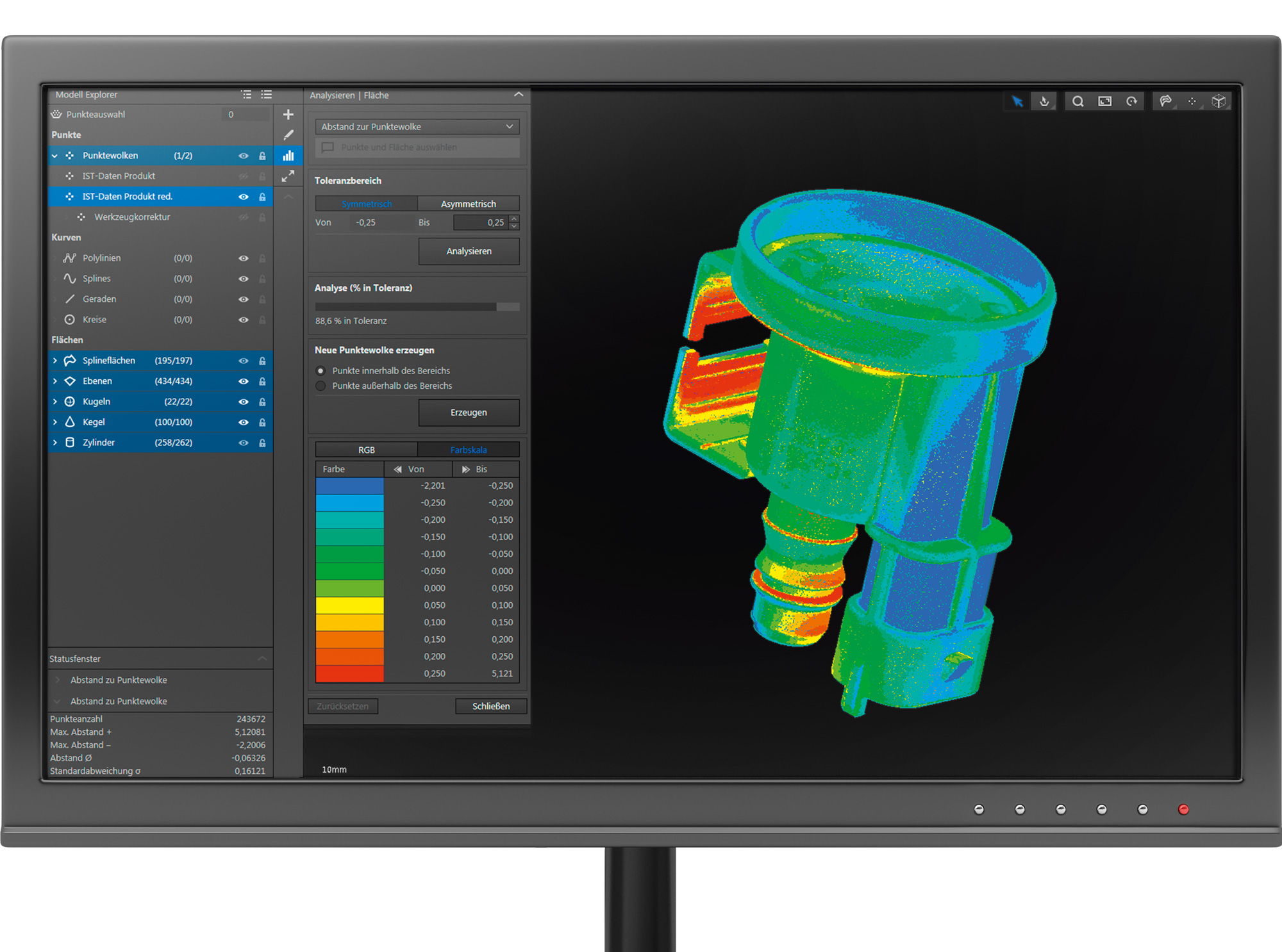 The color-coded display in ZEISS REVERSE ENGINEERING shows you at a glance where and by how much the component diverges from the nominal data.
A shift into the blue spectrum indicates undersize whereas a shift into the red spectrum indicates oversize.